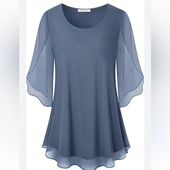 SeSe Code Women's Blue Scoop Neck Short Flutter Sleeve Tunic Top Size L Spring - Picture 7 of 8